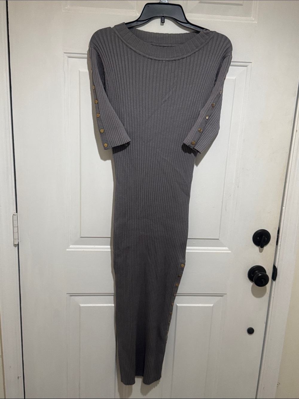 Ashley Stewart Gray Ribbed Button-Accent Maxi Dress